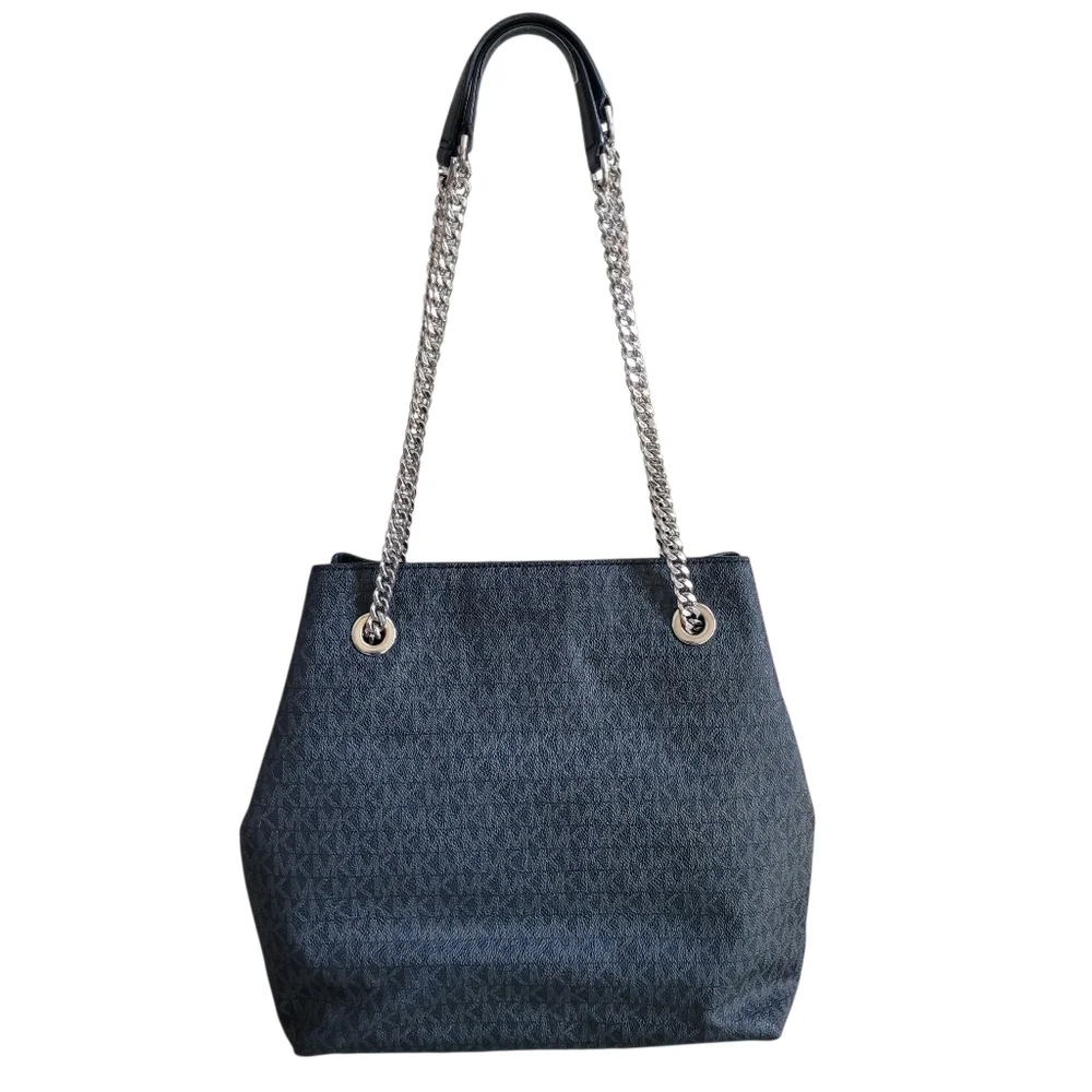 Michael Kors Silver Chain Tote Bag Black MK Logo Canvas Convertible Straps